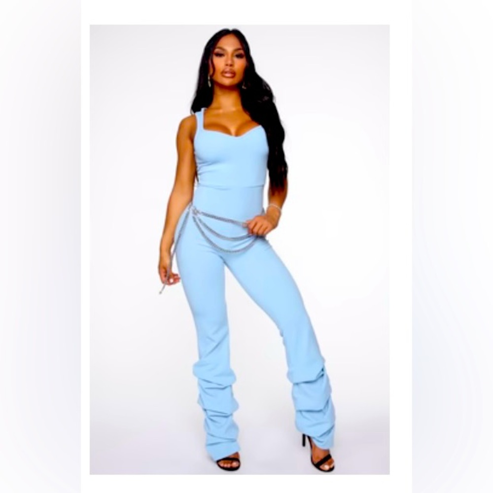 V-Cut Blue Stacked Leg Jumpsuit